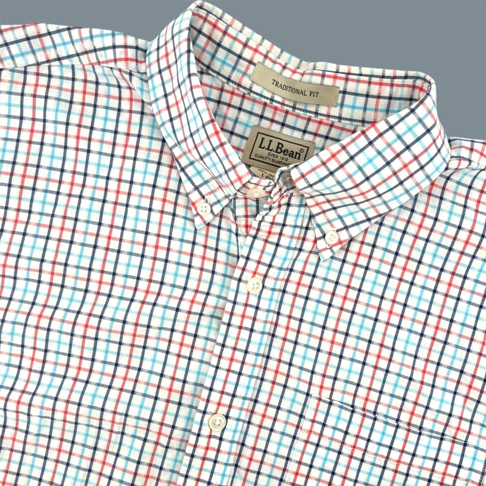 LL Bean Men's Trad Fit‎ Short Sleeve Plaid Seersucker Persimmon Tattersall LRG